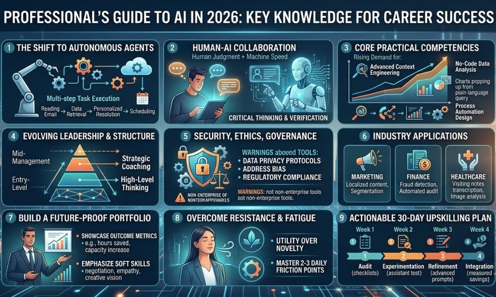 What Every Professional Needs to Know About AI in 2026 Artificial intelligence has officially crossed the threshold from an experimental workplace luxury to a baseline business operational requirement. Professionals across marketing, finance, healthcare, legal, and software development are navigating an era where artificial intelligence is integrated into nearly every software suite and decision-making pipeline. Understanding the current landscape of workplace technology is no longer just for software engineers or IT departments. Here is a comprehensive look at what every professional needs to know about AI in 2026 to remain competitive, effective, and future-proof in their careers. 1. The Shift from Generative Chatbots to Autonomous Agents The primary way workers interact with smart tools has fundamentally transformed. While early tools focused on generating short text responses or basic images upon request, today's focus centers on multi-step autonomous execution. Understanding Agentic Workflows Modern AI agents can perform end-to-end tasks rather than simply answering static prompts. An agentic workflow can perform complex tasks independently, such as: Reading a customer inquiry, retrieving account details from a database, drafting a personalized resolution, and scheduling a follow-up task. Scanning financial reports, identifying anomalies, generating visualization charts, and emailing summary briefs to department managers. Understanding how to delegate multi-step projects to intelligent agents—and auditing their outputs—has become a core professional skill. 2. Human-AI Collaboration: The Hybrid Workplace Standard Artificial intelligence is not replacing the human worker; rather, professionals who utilize intelligent systems are outperforming those who do not. Collaboration between human intuition and machine efficiency has become the default operating model across industries. The Role of Critical Thinking and Verification As automated generation becomes faster and more widespread, human judgment has become the primary quality differentiator. Machines excel at speed, statistical analysis, and pattern recognition, but struggle with context, emotional nuance, and ethical evaluation. Professionals must act as strategic directors and curators—reviewing, verifying, and refining automated outputs before final execution. 3. The Rising Demand for Core Practical AI Competencies Technical fluency is no longer restricted to computer science departments. Employers increasingly expect non-technical staff to possess functional system literacy. Key Skills Driving Career Growth To stay ahead in today's job market, professionals should focus on building the following core capabilities: Advanced Context Engineering: Structuring queries, constraints, and background context effectively to guide systems toward high-precision outputs. No-Code Data Analysis: Utilizing natural language interfaces to query complex datasets and extract business insights without writing SQL or Python. Process Automation Design: Identifying repetitive, administrative bottlenecks in daily schedules and designing automated workflows to handle them. 4. Flattened Organizational Structures and Evolving Leadership The widespread adoption of automated management tools is actively reshaping traditional corporate hierarchies. What This Means for Mid-Level Management and Entry-Level Roles Because routine tracking, scheduling, and basic reporting tasks are increasingly automated, traditional middle-management roles are evolving toward strategic coaching and cross-functional leadership. Simultaneously, entry-level positions now demand higher-level strategic thinking earlier in a career, as routine entry-level tasks like data entry and basic draft writing are largely handled by software tools. 5. Security, Ethics, and Governance in Daily Operations With smart software deeply embedded in enterprise infrastructure, data privacy and ethical compliance have become personal responsibilities for every employee. Best Practices for Enterprise Security Data Privacy Protocols: Never input proprietary corporate code, sensitive customer information, or non-public financial records into non-enterprise, unvetted external tools. Addressing Bias and Transparency: Be aware that automated models reflect the biases present in their training data. Always review automated screening tools or analytical summaries for fairness and objectivity. Regulatory Compliance: Knowledge workers must remain mindful of emerging international laws regarding algorithmic transparency and automated decision-making. 6. How Specific Industries Are Adapting The practical application of modern smart tools varies across sectors, creating unique opportunities and demands in each field. Marketing and Content Strategy Marketing teams use intelligent systems to personalize customer journeys at scale, conduct deep audience segmentation, and draft localized multimedia campaigns in seconds. Finance and Accounting In financial services, automated systems monitor transactions in real time for fraud detection, automate routine audit trails, and assist in complex portfolio risk modeling. Healthcare and Medicine Clinicians utilize specialized tools to transcribe patient visits automatically, organize medical histories, and speed up diagnostic image analysis—allowing doctors to dedicate more time to patient care. 7. Overcoming Workplace Resistance and Tech Fatigue The rapid pace of technological updates can easily lead to tool fatigue or hesitation among team members. Building a sustainable relationship with new tools involves focusing on utility over novelty. Rather than attempting to adopt every new platform released, identify two or three core daily friction points in your routine—such as calendar management, inbox prioritization, or meeting summaries—and master tools that solve those specific issues. 8. Building a Future-Proof Professional Portfolio To stand out to prospective employers or clients, professionals must demonstrate how they leverage modern tools to drive tangible business outcomes. Showcasing Value Beyond Automation Focus on Outcome Metrics: Highlight how automated workflows helped you save hours, increase project throughput, or expand capacity. Emphasize Human-Centric Soft Skills: Soft skills such as negotiation, stakeholder management, team empathy, and creative vision have become even more valuable as routine tasks are automated. 9. Developing an Actionable 30-Day Upskilling Plan If you feel overwhelmed by the velocity of technological change, a structured approach can help you gain confidence quickly. Week 1 (Audit): Track your daily tasks for one week. Highlight administrative, repetitive tasks that consume more than 30 minutes per day. Week 2 (Experimentation): Test one or two enterprise-approved assistant tools on those specific tasks. Week 3 (Refinement): Learn advanced prompting and workflow building techniques to refine output quality. Week 4 (Integration): Document your new workflow and measure how much time or cognitive energy you saved. Final Thoughts The fundamental takeaway regarding what every professional needs to know about AI in 2026 is that adaptability outweighs pure technical expertise. You do not need to build algorithms to thrive in the modern workplace—you simply need to understand how to guide them effectively. By combining technical curiosity with human intuition, critical thinking, and ethical judgment, you position yourself to lead in an increasingly automated world.