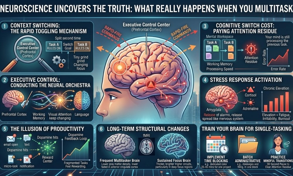 What Really Happens to Your Brain When You Multitask We live in a world that constantly celebrates high efficiency. We answer emails while attending video meetings, scroll through social media during dinner, and listen to podcasts while writing reports. To many, doing several things at once feels like the ultimate productivity hack. However, neuroscience paints a drastically different picture. When you attempt multiple complex tasks at once, your mind isn't actually processing them simultaneously. Understanding what really happens to your brain when you multitask reveals why you often end up feeling exhausted, distracted, and prone to silly mistakes. The Myth of Concurrent Processing To understand multitasking, we first need to dispel a popular myth: human brains do not function like computer processors. Computers can dedicate separate hardware cores to running distinct applications at the exact same moment. Human cognition, particularly the high-level executive function that controls decision-making, operates differently. Your brain is wired with a single-track focus mechanism for conscious tasks. When you think you are doing two complex activities at once, you are simply tricking yourself. Context Switching: The Rapid Toggling Mechanism What feels like fluid multitasking is scientifically known as context switching or task switching. When you try to switch back and forth between writing an email and listening to a lecture, your brain executes a two-step process in a split second: Goal Shifting: Deciding to switch focus from Task A to Task B. Rule Activation: Disabling the rules for Task A and turning on the rules for Task B. Because this toggling happens in milliseconds, it creates the illusion of doing both tasks together. But every toggle carries a neurological tax. The Executive Control Center: Role of the Prefrontal Cortex The primary engine responsible for managing your focus is the prefrontal cortex, located right behind your forehead. This region acts as the conductor of your neural orchestra. How the Prefrontal Cortex Manages Focus When you start a single task, the prefrontal cortex creates a neural circuit dedicated to that specific goal. It marshals your working memory, visual attention, and language processing to carry out the objective. What Happens During a Task Switch When a second task demands your attention, the prefrontal cortex must disengage from the original circuit and rebuild a completely new set of neural connections for the new task. This rapid re-wiring requires significant glucose and oxygen—the primary fuels of your brain. The Cognitive Switch Cost: Paying the Attention Residue Every time your attention bounces between demands, you pay what neuroscientists call a switch cost. Part of your attention remains stuck on the previous task. This cognitive lag is known as attention residue. Even if you turn your eyes back to your work after checking a notification, a portion of your active working memory is still processing the message you just read. As a result, your processing speed slows down significantly, and your error rate rises. Overloading Working Memory and Short-Term Storage Your working memory acts as a mental workspace, holding temporary information so you can reason and solve problems. However, this workspace has strict capacity limits—usually holding only a few pieces of information at a time. When you multitask, you overcrowd this mental workspace. Important details get pushed out before they can be stored into long-term memory. This explains why you might finish a busy day feeling like you worked non-stop, yet struggle to recall what you actually accomplished. The Stress Response: Cortisol and Adrenaline Spikes Multitasking doesn't just affect cognitive performance; it triggers physical stress responses throughout your nervous system. The Fight-or-Flight Activation Rapidly switching between competing priorities signals your brain that you are under threat or falling behind. The amygdala, your brain's alarm center, triggers the release of stress hormones like cortisol and adrenaline. Chronic Mental Exhaustion Over time, constant spikes in cortisol keep your body in a subtle state of high alert. This chronic elevation of stress hormones leads to mental fatigue, irritability, and burnout, leaving you feeling drained even after simple daily routines. The Illusion of Productivity: Why Multitasking Feels Good If multitasking slows us down and causes stress, why do we keep doing it? The answer lies in your brain's reward system. Every time you complete a micro-task—like checking a text, closing a tab, or clearing an email notification—your brain releases a small hit of dopamine. Dopamine creates a sense of satisfaction and novelty. This creates a feedback loop: your brain thinks it is being highly productive because it is constantly receiving rewards, even though you are only completing low-value, fragmented tasks. Long-Term Brain Structural Changes: Heavy Multitasking Effects Neuroplasticity is your brain’s ability to adapt and rewire itself based on your daily habits. Just as practicing an instrument strengthens musical circuits, frequent multitasking reinforces habits of distractibility. Studies utilizing brain imaging (such as fMRI) suggest that individuals who engage in heavy media multitasking show lower gray-matter density in the anterior cingulate cortex—the region responsible for empathy, impulse control, and emotional regulation. In short, chronic multitasking can make it harder for your brain to sustain deep focus even when you want to. How to Train Your Brain for Single-Tasking The good news is that brain plasticity works both ways. You can retrain your mind to regain deep focus through intentional single-tasking habits. 1. Implement Time Blocking Set dedicated blocks of time (e.g., 25 to 45 minutes) exclusively for one task. Close all unrelated browser tabs, turn off non-essential notifications, and keep your phone out of reach. 2. Batch Administrative Tasks Group minor, low-focus activities—like responding to messages or filing paperwork—into designated time windows rather than letting them interrupt your main work throughout the day. 3. Practice Mindful Transitions When switching between major projects, pause for 30 seconds. Take a deep breath to allow attention residue to clear before jumping into the next objective. Final Thought When evaluating what really happens to your brain when you multitask, science shows that juggling tasks is less about efficiency and more about continuous distraction. Real productivity, creativity, and mental well-being don't come from doing everything at once—they come from giving your full, undivided attention to one meaningful thing at a time.