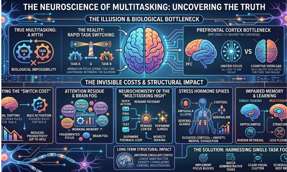 What Really Happens to Your Brain When You Multitask We live in a world that glorifies busy behavior. Answering an email during a video call, scrolling through social media while watching a movie, or texting while cooking dinner often feels like a display of peak efficiency. Modern work culture frequently lists multitasking as a desirable skill, leading many to believe that juggling multiple tasks at once helps them accomplish more in less time. However, cognitive neuroscience paints a completely different picture. While you might feel like a master juggler keeping several balls in the air, your brain is actually working against its natural architecture. Far from boosting productivity, attempting to perform multiple attention-demanding activities simultaneously degrades performance, increases mental fatigue, and alters how your brain processes information. The Great Myth: True Multitasking vs. Task Switching To understand how multitasking affects the mind, it helps to distinguish between automatic behaviors and cognitive processing. Your brain can easily handle physical, automated tasks while engaged in thought—for instance, you can walk down the street while having a conversation or fold laundry while listening to music. This is because motor-driven, highly practiced actions bypass the brain's executive control systems. When two tasks require conscious thought, decision-making, or problem-solving, true multitasking becomes a biological impossibility. The human brain does not possess parallel processors for high-level cognition. Instead of executing two complex tasks at once, the brain engages in a process called rapid task switching. It toggles its focus back and forth between competing demands in fractions of a second, creating the illusion of simultaneous action. The Prefrontal Cortex: Your Brain's Bottleneck At the heart of cognitive focus is the prefrontal cortex, the region of the brain located directly behind your forehead. The prefrontal cortex acts as the command center for executive functions, including goal setting, working memory, emotional regulation, and decision-making. When you focus on a single objective, the prefrontal cortex forms a unified neural circuit, allocating all available cognitive resources toward that goal. When you introduce a second complex objective, the prefrontal cortex is forced to divide its capacity. It splits into two independent left and right halves to manage each task separately. Add a third task, and the system experiences cognitive overload—the prefrontal cortex simply cannot create a third distinct pathway for simultaneous focus. The Invisible Cost: Paying the "Switch Cost" Penalty Every time your brain jumps from one task to another, it incurs a neurological tax known as a switch cost. While the transition feels instantaneous to you, your brain must execute two distinct steps behind the scenes: Goal Shifting: The brain actively shuts down the rules and objectives of Task A and activates the rules for Task B. Rule Activation: The brain reorients its attention, retrieving the specific context and memory required to handle Task B. These micro-delays add up significantly. Studies show that even brief interruptions or constant toggling between tabs, notifications, and documents can reduce a person's overall productivity by up to 40%. You aren't getting more done; you are spending a massive chunk of your workday simply managing the mental transitions between tasks. Attention Residue: Why Your Focus Remains Fragmented Even after you successfully switch your attention to a new task, a portion of your cognitive energy stays behind. Researchers call this phenomenon attention residue. When you shift from writing a report to reading a sudden text message, your focus does not transfer completely. A lingering percentage of your working memory remains tied to the report you just left. As you continue attempting to manage multiple incoming streams of information throughout the day, these residues stack up. By mid-afternoon, your working memory is cluttered with lingering thoughts from dozens of half-finished activities, resulting in brain fog, reduced creativity, and difficulty concentrating on even simple decisions. The Neurochemistry of the Multitasking High If task switching is so inefficient, why does it feel so satisfying? Why do we constantly seek out distractions while working? The answer lies in neurochemistry. Every time you perform a quick task—such as responding to a ping, checking an inbox, or clicking a fresh link—your brain releases a small surge of dopamine, the neurotransmitter associated with reward and pleasure. This creates a feedback loop: You switch tasks and complete a tiny action. Your brain receives a micro-reward of dopamine. You feel a brief sensation of accomplishment. Your brain seeks another hit, prompting you to seek out another distraction. This cycle tricks you into believing you are being highly productive when, in reality, you are merely satisfying a neurological urge for novel stimuli. Elevated Stress Hormones and Mental Exhaustion Constant attention-shifting takes a heavy physical toll on your nervous system. The brain demands roughly 20% of the body's total energy despite accounting for only 2% of its mass. Rapid task switching consumes glucose—the brain's primary fuel source—at a much faster rate than deep, uninterrupted focus. Additionally, the constant influx of competing stimuli triggers the body's fight-or-flight mechanism. The brain perceives rapid switching and incoming alerts as potential threats, stimulating the adrenal glands to release cortisol and adrenaline. Prolonged exposure to elevated cortisol levels leads to: Increased feelings of anxiety and irritability Physical symptoms like tension headaches and elevated heart rate Chronic mental exhaustion by the end of the day How Multitasking Impairs Memory and Learning The detrimental effects of multitasking extend beyond immediate productivity; they also hinder your ability to learn and retain information over the long term. When you absorb new information while single-tasking, the brain routes that data directly to the hippocampus, the region responsible for organizing and storing declarative memories (facts, details, and events). Information stored in the hippocampus is easy to recall and apply in new contexts. However, when you attempt to learn while distracted or multitasking, the brain shifts processing duties to the striatum, a region involved in procedural memory and habit formation. Information processed by the striatum is harder to retrieve, less flexible, and difficult to apply to general problem-solving. As a result, multitasking severely compromises your ability to retain detail and gain deep mastery over complex subjects. Long-Term Structural Impact on the Brain Can chronic multitasking permanently alter brain structure? Emerging neuroimaging research suggests that high levels of media multitasking—such as simultaneously using multiple screens and devices—may correlate with physical changes in the brain. Structural MRI scans show that individuals who engage in heavy, chronic media multitasking tend to have lower gray-matter density in the anterior cingulate cortex (ACC). The ACC plays a critical role in empathy, impulse control, and emotional regulation. While researchers are still determining whether multitasking directly causes this reduction or if individuals with smaller ACC volumes are naturally drawn to constant stimulation, the correlation highlights a strong link between fractured attention and altered neural structure. The Solution: Harnessing the Power of Single-Tasking The good news is that the human brain exhibits remarkable neuroplasticity—the ability to adapt and rewire itself based on user behavior. Just as you can train your brain to expect constant distraction, you can retrain it to cultivate deep, sustained focus through intentional single-tasking. Here are effective methods to help your brain transition back to single-task focus: 1. Implement Focus Blocks Divide your day into dedicated time blocks (e.g., 25 to 50 minutes) devoted entirely to a single objective. Turn off all unrelated notifications during these windows and treat the time as non-negotiable. 2. Batch Administrative Tasks Rather than checking email or messaging apps continuously throughout the day, designate specific times—such as once in the morning and once in the afternoon—to process communications all at once. 3. Clear Visual Clutter Visual distractions in your environment or on your desktop compete for executive resources. Keep only the tabs, documents, and tools open that are directly relevant to your active project. 4. Schedule True Rest Breaks When taking a break from work, give your brain a genuine rest. Stepping away from all screens to take a walk, stretch, or look out a window allows your default mode network to consolidate information and restore mental stamina. Final Thoughts Multitasking is one of the most persuasive illusions of modern life. It creates a false sense of high output while secretly draining your energy, raising stress levels, and degrading the quality of your work. Your brain is not broken; it is simply operating under constraints that biological evolution never anticipated. By stepping off the constant task-switching carousel and embracing single-tasking, you align your work habits with your brain's natural neurology. Protecting your attention is not just about getting more done—it is about preserving your mental clarity, deepening your capacity for learning, and protecting your cognitive health over the long haul.