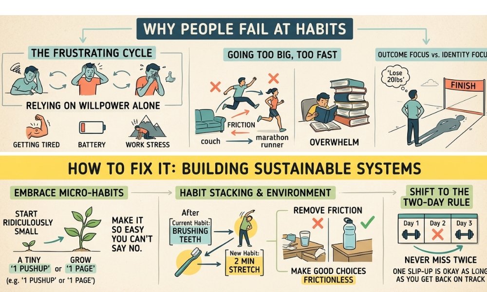 Why Most People Fail at Building New Habits (and How to Fix It) Every year, millions of people set ambitious goals. We buy shiny new gym clothes, stock our fridges with organic greens, download language apps, or purchase planners with grand visions of total life transformations. Yet, within a few weeks, most of those new routines vanish without a trace. If you have ever felt defeated after watching a good intention fizzle out, you are not alone. Understanding why most people fail at building new habits (and how to fix it) requires taking a closer look at human psychology, behavioral triggers, and practical system design. The Frustrating Cycle of Motivation and Abandonment The desire for self-improvement usually starts with a sudden burst of inspiration. You watch a motivational video, read a book, or decide that a new month marks a clean slate. Powered by high energy, you tackle your new routine head-on for three or four days. Then Monday hits. Work gets busy, stress creeps in, or exhaustion sets in. Suddenly, forcing yourself through a complex new routine feels impossible. Motivation drops back to its baseline level, and without a solid framework underneath, the habit collapses. Mistake 1: Relying Entirely on Willpower and Motivation The biggest flaw in standard goal-setting is treating motivation as a permanent resource. In reality, motivation is an emotion—and like all emotions, it fluctuates constantly based on sleep, stress, hunger, and environment. Why Willpower Fails Under Stress Willpower acts like a muscle that fatigues over the course of the day. Every decision you make—from choosing what to wear to answering work emails—depletes a portion of your cognitive energy. By evening, when it is time to work on your new habit, your self-control reserves are depleted. Relying on willpower alone guarantees inconsistency. Mistake 2: Going Too Big, Too Fast When people decide to change, they often try to change everything at once. A person who hasn't exercised in two years decides to train for 90 minutes a day, six days a week. Someone who reads zero books pledges to read 50 pages every night. The Problem with Friction Radical changes create immense friction. When a task requires significant effort, your brain perceives it as a threat or a chore. The larger the initial gap between your current lifestyle and the new behavior, the harder your brain will fight to return to its comfortable, familiar baseline. Mistake 3: Focusing on Outcomes Instead of Identity Most people build outcome-based goals: "I want to lose 20 pounds," or "I want to write a book." While having a clear goal is helpful, focusing exclusively on the final result creates a psychological mismatch. Changing Who You Are First If you view yourself as a sedentary person who is forced to run, every jog feels like a punishment. True behavioral change occurs at the identity level. Instead of focusing on running a marathon, focus on becoming the type of person who never misses a workout. When your actions align with your core identity, consistency becomes automatic. Mistake 4: Lacking a Specific Execution Plan Vague intentions yield vague results. Stating "I'm going to eat healthier" or "I'm going to practice Spanish more often" leaves too many variables open. When decision time arrives, your mind defaults to the easiest option available—which is usually your old habit. Fix 1: Embrace the Power of Micro-Habits To break through initial resistance, make the new behavior so ridiculously small that you cannot say no. This strategy renders willpower unnecessary. Instead of reading 30 pages a night, commit to reading one page. Instead of doing 50 pushups, commit to two pushups. Instead of meditating for 20 minutes, sit quietly for 60 seconds. Once you establish the baseline habit of showing up every day, scaling up the effort becomes natural and easy. Fix 2: Optimize Environment and Use Habit Stacking Your environment shapes your behavior far more than internal desire. If you want to build better routines, adjust your physical surroundings to lower friction for good choices and raise friction for bad ones. Subheading A: Linking New Habits to Existing Routines Habit stacking leverages established neural pathways. Instead of picking an arbitrary time for a new habit, attach it to a habit you already do automatically every day: "After I pour my morning coffee, I will write down three priorities for the day." "After I brush my teeth at night, I will do two minutes of stretching." Subheading B: Removing Friction Points Make good choices frictionless. If you want to exercise in the morning, lay out your workout gear the night before. If you want to drink more water, keep a filled bottle directly on your desk. Fix 3: Shift Focus to the "Two-Day Rule" Perfectionism is a silent habit killer. Many people fall victim to the "all-or-nothing" mentality: if they miss a single workout or break a dietary streak, they feel like a failure and abandon the effort altogether. To counter this mindset, implement the Two-Day Rule: never miss your habit two days in a row. Missing one day is an accident; missing two days is the start of a new, negative habit. Rebounding quickly preserves your momentum and builds resilience. Final Thoughts Building sustainable routines isn't about raw discipline, grueling effort, or sudden transformations. Success comes from designing smart systems that work alongside human psychology rather than fighting against it. By starting small, optimizing your environment, and focusing on incremental consistency over perfection, you can permanently master the art of positive change.