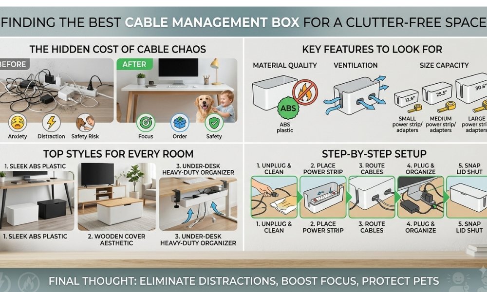 Finding the Best Cable Management Box for a Clutter-Free Space We live in an age of constant connectivity. Between gaming rigs, multi-monitor desk setups, high-speed Wi-Fi routers, home theater speakers, and charging stations, our spaces are packed with electronics. However, with modern convenience comes an unavoidable byproduct: a chaotic web of tangled cords trailing across floors and behind furniture. Untangling that rat’s nest doesn't just improve aesthetics—it transforms how you feel in your living or working environment. A quality cable box conceals power strips, surge protectors, and bulky power bricks in one streamlined, dust-free container. The Hidden Cost of Cable Chaos A cluttered desk or entertainment center does more than look unkempt; it actively creates friction in your daily routine. Visual Stress and Workspace Productivity Psychological research shows that visual clutter increases cognitive load and anxiety. When your eyes constantly catch a chaotic bundle of wires behind your monitor or television, your brain registers it as unfinished business. Clearing that distraction creates a sense of order that boosts focus and productivity. Safety Hazards for Pets and Children Exposed power strips resting on the floor pose genuine safety risks. Curious puppies and kittens are notorious for chewing on live cords, while toddlers might pull on dangling cables or poke around active electrical sockets. Encasing your power strip inside a secure box removes those electrical hazards from plain sight. Key Features to Look For Choosing the best cable management box for your specific home setup requires looking past basic appearances. Different environments demand different functional specifications. Material and Build Quality Look for high-density ABS plastic or flame-retardant materials. Because power strips generate internal warmth, high-grade heat-resistant plastics ensure your enclosure remains safe and structurally sound over years of daily use. Ventilation and Heat Dissipation Electronics generate heat. A well-designed box must feature multiple cutout slots, ventilation grills, or floor vents. These openings allow passive airflow so your power adapters and surge protectors don't overheat inside the closed chamber. Size and Surge Protector Capacity Before purchasing, measure your power strip along with the bulky power adapters plugged into it. Small Boxes (~10 to 12 inches): Perfect for small phone charging stations or nightstands. Medium Boxes (~12 to 14 inches): Ideal for standard 6-outlet power strips. Large Boxes (15+ inches): Necessary for heavy-duty surge protectors, wider gaming power blocks, and thick AV cables. Top Styles of Cable Boxes for Every Room Cable containers are no longer boring plastic tubs. Manufacturers now produce designs that seamlessly match modern home décor. Sleek ABS Plastic Enclosures Minimalist monochrome designs—usually in matte white or dark gray—blend effortlessly into contemporary office desks or living room TV stands. They are durable, easy to wipe clean, and budget-friendly. Wooden Cover Aesthetic Boxes If your home features warm wood tones, rustic furniture, or Scandinavian design elements, choose a box equipped with a natural bamboo or real wood lid. These act as decorative accents while completely hiding electrical connections underneath. Under-Desk Heavy-Duty Organizers For minimalists who prefer keeping the floor entirely clear, under-desk tray style boxes screw or clamp directly to the underside of your tabletop. They lift all power bricks and surplus wire off the ground, making vacuuming underneath your desk completely effortless. Step-by-Step Setup: Tidy Your Cords in Minutes Transforming a messy bundle into a clean setup takes less than fifteen minutes when you follow a structured approach: Unplug Everything: Start with a completely blank canvas by powering down and unplugging all devices. Clean the Area: Wipe away dust that has accumulated behind your desk or TV stand. Place the Power Strip Inside: Set your main surge protector flat inside the base of the cable box. Route Main Cables Through Slots: Thread the main power cord out of one side slot toward your wall outlet. Plug Devices in Sequentially: Feed each device cord through the side openings, plug it into the strip, and wrap excess wire length inside the box using hook-and-loop cable ties. Snap the Lid Shut: Secure the cover to lock everything out of sight. Common Mistakes to Avoid When Hiding Wires Bending Cables Too Tightly: Avoid folding or sharply bending power cords to force them inside a small box. Sharp bends damage internal copper wiring over time. Forgetting Airflow Needs: Never block the side cutouts completely. Always leave room for heat to vent freely. Overcrowding the Interior: If you have to force or press the lid down hard to close it, your box is too small for the number of adapters inside. Upgrade to a larger size to prevent fire hazards. Final Thought Tackling cable clutter is one of the most satisfying home improvement projects you can complete in an afternoon. By selecting a durable, well-ventilated enclosure that fits your space, you eliminate visual distractions, protect your pets, and prolong the lifespan of your electronics. A clean space naturally fosters a calm, focused mind. For a visual breakdown of popular desk and home office setup options, check out this video on Top 5 Cable Organizer Boxes for a Clean & Minimalist Desk. This clip clearly demonstrates how different box sizes and designs look in real-world desk environments.