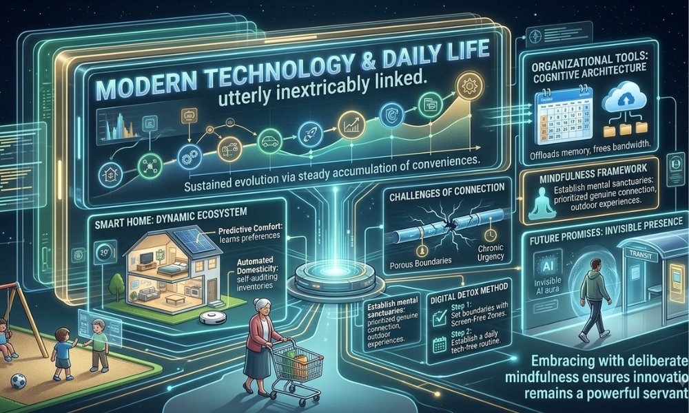 How Modern Tech Quietly Shapes Your Everyday Routine The seamless integration of modern innovation into human existence has fundamentally redefined our existence. From the instant an automated alarm triggers in the morning to the final ambient lighting adjustment before sleep, **technology & daily life have become utterly inextricably linked. This subtle evolution occurred not through a abrupt upheaval, but through a steady, quiet accumulation of conveniences that transformed ambient routine into a hyper-connected experience. The Evolution of Convenience: How Technology Transformed Modern Living Human society has perpetually pursued efficiency, yet the acceleration over recent decades remains unprecedented. Gone are the days when rudimentary tasks demanded strenuous physical expenditure or tedious manual organization. The steady march of innovation transformed once-complex logistical hurdles into effortless digital interactions. Modern infrastructure now operates on invisible algorithms, quietly optimizing transportation, communication, and resource allocation. As a consequence, our daily life is defined by immediacy, fundamentally reshaping how we perceive time, effort, and personal agency. Smart Homes and Daily Habits: The Convenience Factor Living spaces are no longer static physical shelters; they have morphed into dynamic ecosystems that adapt to human presence. Connected appliances, voice-activated assistants, and automated climate control systems work in tandem to eliminate domestic friction. Predictive Comfort: Thermostats learn personal preferences to adjust temperatures before you even realize you are cold. Automated Domesticity: Robotic vacuums and smart refrigerators audit domestic inventories without human intervention. Hands-Free Control: Lighting and security systems respond instantly to ambient vocal cues or proximity sensors. This ambient intelligence alters daily habits, shifting the human role from manual labor to mere oversight. Essential Tech Tools That Simplify Your Daily Schedule Managing modern responsibilities requires sophisticated organizational frameworks. Digital calendars, cloud-based task management applications, and real-time collaboration platforms act as external cognitive architecture. These tools offload memory retention, freeing bandwidth for creative problem-solving. Automated reminders diminish cognitive load, ensuring that critical deadlines and minor personal errands coexist harmoniously within a single, scannable interface. The Hidden Challenges of Living in a Tech-Driven World Despite undeniable efficiencies, hyper-connectivity introduces subtle friction into human existence. The boundary between professional obligations and domestic respite has rendered itself porous. Constant accessibility fosters a pervasive expectation of instantaneous responsiveness, generating an underlying currents of chronic urgency. Furthermore, reliance on algorithmic decision-making can inadvertently diminish personal autonomy and critical problem-solving capabilities over time. Mental Health in a Connected Era: Finding the Right Balance Navigating an omnipresent digital apparatus requires intentional psychological hygiene. The perpetual influx of curated information can overwhelm the nervous system, leading to cognitive exhaustion and fragmented attention spans. Preserving equilibrium demands a conscious effort to establish mental sanctuaries where synthetic stimuli cannot penetrate. Prioritizing genuine human connection, mindfulness practices, and unmediated outdoor experiences acts as a crucial counterweight to digital overstimulation. Types of Daily Digital Distractions and How to Avoid Them The modern digital landscape is engineered specifically to capture and retain human attention through intricate feedback loops. Constant Notifications and App Alerts Auditory pings and visual banners trigger micro-dopamine spikes, shattering deep focus and fragmenting workflow into disjointed bursts. To mitigate this: * Disable non-essential push alerts across all mobile devices. * Schedule designated timeframes for checking correspondence rather than reacting in real time. Endless Scrolling and Social Media Fatigue Infinite feeds exploit innate human curiosity, luring individuals into passive consumption loops that yield little cognitive value. Countering this trap involves: * Utilizing app timers to strictly enforce daily consumption limits. * Replacing passive consumption habits with active offline hobbies or physical reading materials Digital Detox Methods: Step-by-Step Way to Unplug Effectively Reclaiming mental bandwidth requires a structured approach rather than relying solely on willpower. Step 1: Set Boundaries with Screen-Free Zones Designate specific physical areas within the living space—most notably the bedroom and dining areas—where electronic displays are strictly prohibited. This physical separation encourages restorative sleep patterns and fosters meaningful interpersonal conversation during meals. Step 2: Establish a Daily Tech-Free Routine Allocate at least sixty minutes each morning and evening entirely void of screen interactions. Utilizing an analog alarm clock removes the immediate temptation to engage with digital notifications upon waking, setting a calm, intentional tone for the remainder of the day. The Role of Emerging Tech in Future Daily Routines The trajectory of “technology & daily life” points toward even deeper synthesis. Artificial intelligence will soon anticipate needs rather than merely responding to explicit commands. Augmented reality layers will seamlessly project contextual information over our physical surroundings, while wearable biometrics will continuously tailor our environment to optimize physical and emotional well-being. The future promises an era where technology becomes entirely invisible yet universally present. Embracing Technology Consciously for a Better Quality of Life Ultimately, modern innovations serve best when treated as intentional tools rather than default environments. By cultivating digital literacy and setting firm personal boundaries, individuals can harness unprecedented convenience without sacrificing mental clarity or authentic human experiences. Embracing “technology & daily life” with deliberate mindfulness ensures that innovation remains a powerful servant to human flourishing rather than an unyielding master. Final Thought Modern technology is at its most powerful not when it demands our full attention, but when it operates so seamlessly that we forget it’s even there. While these quiet conveniences free up valuable mental space and make our daily routines effortless, they also require a conscious effort to stay in the driver's seat. The real challenge of living alongside modern tech isn't learning how to use it—it's remembering to occasionally pause, look up, and decide your own path without an algorithm guiding the way. How Modern Tech Quietly Shapes Your Everyday Routine The seamless integration of modern innovation into human existence has fundamentally redefined our existence. From the instant an automated alarm triggers in the morning to the final ambient lighting adjustment before sleep, **technology & daily life have become utterly inextricably linked. This subtle evolution occurred not through a abrupt upheaval, but through a steady, quiet accumulation of conveniences that transformed ambient routine into a hyper-connected experience. The Evolution of Convenience: How Technology Transformed Modern Living Human society has perpetually pursued efficiency, yet the acceleration over recent decades remains unprecedented. Gone are the days when rudimentary tasks demanded strenuous physical expenditure or tedious manual organization. The steady march of innovation transformed once-complex logistical hurdles into effortless digital interactions. Modern infrastructure now operates on invisible algorithms, quietly optimizing transportation, communication, and resource allocation. As a consequence, our daily life is defined by immediacy, fundamentally reshaping how we perceive time, effort, and personal agency. Smart Homes and Daily Habits: The Convenience Factor Living spaces are no longer static physical shelters; they have morphed into dynamic ecosystems that adapt to human presence. Connected appliances, voice-activated assistants, and automated climate control systems work in tandem to eliminate domestic friction. Predictive Comfort: Thermostats learn personal preferences to adjust temperatures before you even realize you are cold. Automated Domesticity: Robotic vacuums and smart refrigerators audit domestic inventories without human intervention. Hands-Free Control: Lighting and security systems respond instantly to ambient vocal cues or proximity sensors. This ambient intelligence alters daily habits, shifting the human role from manual labor to mere oversight. Essential Tech Tools That Simplify Your Daily Schedule Managing modern responsibilities requires sophisticated organizational frameworks. Digital calendars, cloud-based task management applications, and real-time collaboration platforms act as external cognitive architecture. These tools offload memory retention, freeing bandwidth for creative problem-solving. Automated reminders diminish cognitive load, ensuring that critical deadlines and minor personal errands coexist harmoniously within a single, scannable interface. The Hidden Challenges of Living in a Tech-Driven World Despite undeniable efficiencies, hyper-connectivity introduces subtle friction into human existence. The boundary between professional obligations and domestic respite has rendered itself porous. Constant accessibility fosters a pervasive expectation of instantaneous responsiveness, generating an underlying currents of chronic urgency. Furthermore, reliance on algorithmic decision-making can inadvertently diminish personal autonomy and critical problem-solving capabilities over time. Mental Health in a Connected Era: Finding the Right Balance Navigating an omnipresent digital apparatus requires intentional psychological hygiene. The perpetual influx of curated information can overwhelm the nervous system, leading to cognitive exhaustion and fragmented attention spans. Preserving equilibrium demands a conscious effort to establish mental sanctuaries where synthetic stimuli cannot penetrate. Prioritizing genuine human connection, mindfulness practices, and unmediated outdoor experiences acts as a crucial counterweight to digital overstimulation. Types of Daily Digital Distractions and How to Avoid Them The modern digital landscape is engineered specifically to capture and retain human attention through intricate feedback loops. Constant Notifications and App Alerts Auditory pings and visual banners trigger micro-dopamine spikes, shattering deep focus and fragmenting workflow into disjointed bursts. To mitigate this: * Disable non-essential push alerts across all mobile devices. * Schedule designated timeframes for checking correspondence rather than reacting in real time. Endless Scrolling and Social Media Fatigue Infinite feeds exploit innate human curiosity, luring individuals into passive consumption loops that yield little cognitive value. Countering this trap involves: * Utilizing app timers to strictly enforce daily consumption limits. * Replacing passive consumption habits with active offline hobbies or physical reading materials Digital Detox Methods: Step-by-Step Way to Unplug Effectively Reclaiming mental bandwidth requires a structured approach rather than relying solely on willpower. Step 1: Set Boundaries with Screen-Free Zones Designate specific physical areas within the living space—most notably the bedroom and dining areas—where electronic displays are strictly prohibited. This physical separation encourages restorative sleep patterns and fosters meaningful interpersonal conversation during meals. Step 2: Establish a Daily Tech-Free Routine Allocate at least sixty minutes each morning and evening entirely void of screen interactions. Utilizing an analog alarm clock removes the immediate temptation to engage with digital notifications upon waking, setting a calm, intentional tone for the remainder of the day. The Role of Emerging Tech in Future Daily Routines The trajectory of “technology & daily life” points toward even deeper synthesis. Artificial intelligence will soon anticipate needs rather than merely responding to explicit commands. Augmented reality layers will seamlessly project contextual information over our physical surroundings, while wearable biometrics will continuously tailor our environment to optimize physical and emotional well-being. The future promises an era where technology becomes entirely invisible yet universally present. Embracing Technology Consciously for a Better Quality of Life Ultimately, modern innovations serve best when treated as intentional tools rather than default environments. By cultivating digital literacy and setting firm personal boundaries, individuals can harness unprecedented convenience without sacrificing mental clarity or authentic human experiences. Embracing “technology & daily life” with deliberate mindfulness ensures that innovation remains a powerful servant to human flourishing rather than an unyielding master. Final Thought Modern technology is at its most powerful not when it demands our full attention, but when it operates so seamlessly that we forget it’s even there. While these quiet conveniences free up valuable mental space and make our daily routines effortless, they also require a conscious effort to stay in the driver's seat. The real challenge of living alongside modern tech isn't learning how to use it—it's remembering to occasionally pause, look up, and decide your own path without an algorithm guiding the way. How Modern Tech Quietly Shapes Your Everyday Routine The seamless integration of modern innovation into human existence has fundamentally redefined our existence. From the instant an automated alarm triggers in the morning to the final ambient lighting adjustment before sleep, **technology & daily life have become utterly inextricably linked. This subtle evolution occurred not through a abrupt upheaval, but through a steady, quiet accumulation of conveniences that transformed ambient routine into a hyper-connected experience. The Evolution of Convenience: How Technology Transformed Modern Living Human society has perpetually pursued efficiency, yet the acceleration over recent decades remains unprecedented. Gone are the days when rudimentary tasks demanded strenuous physical expenditure or tedious manual organization. The steady march of innovation transformed once-complex logistical hurdles into effortless digital interactions. Modern infrastructure now operates on invisible algorithms, quietly optimizing transportation, communication, and resource allocation. As a consequence, our daily life is defined by immediacy, fundamentally reshaping how we perceive time, effort, and personal agency. Smart Homes and Daily Habits: The Convenience Factor Living spaces are no longer static physical shelters; they have morphed into dynamic ecosystems that adapt to human presence. Connected appliances, voice-activated assistants, and automated climate control systems work in tandem to eliminate domestic friction. Predictive Comfort: Thermostats learn personal preferences to adjust temperatures before you even realize you are cold. Automated Domesticity: Robotic vacuums and smart refrigerators audit domestic inventories without human intervention. Hands-Free Control: Lighting and security systems respond instantly to ambient vocal cues or proximity sensors. This ambient intelligence alters daily habits, shifting the human role from manual labor to mere oversight. Essential Tech Tools That Simplify Your Daily Schedule Managing modern responsibilities requires sophisticated organizational frameworks. Digital calendars, cloud-based task management applications, and real-time collaboration platforms act as external cognitive architecture. These tools offload memory retention, freeing bandwidth for creative problem-solving. Automated reminders diminish cognitive load, ensuring that critical deadlines and minor personal errands coexist harmoniously within a single, scannable interface. The Hidden Challenges of Living in a Tech-Driven World Despite undeniable efficiencies, hyper-connectivity introduces subtle friction into human existence. The boundary between professional obligations and domestic respite has rendered itself porous. Constant accessibility fosters a pervasive expectation of instantaneous responsiveness, generating an underlying currents of chronic urgency. Furthermore, reliance on algorithmic decision-making can inadvertently diminish personal autonomy and critical problem-solving capabilities over time. Mental Health in a Connected Era: Finding the Right Balance Navigating an omnipresent digital apparatus requires intentional psychological hygiene. The perpetual influx of curated information can overwhelm the nervous system, leading to cognitive exhaustion and fragmented attention spans. Preserving equilibrium demands a conscious effort to establish mental sanctuaries where synthetic stimuli cannot penetrate. Prioritizing genuine human connection, mindfulness practices, and unmediated outdoor experiences acts as a crucial counterweight to digital overstimulation. Types of Daily Digital Distractions and How to Avoid Them The modern digital landscape is engineered specifically to capture and retain human attention through intricate feedback loops. Constant Notifications and App Alerts Auditory pings and visual banners trigger micro-dopamine spikes, shattering deep focus and fragmenting workflow into disjointed bursts. To mitigate this: * Disable non-essential push alerts across all mobile devices. * Schedule designated timeframes for checking correspondence rather than reacting in real time. Endless Scrolling and Social Media Fatigue Infinite feeds exploit innate human curiosity, luring individuals into passive consumption loops that yield little cognitive value. Countering this trap involves: * Utilizing app timers to strictly enforce daily consumption limits. * Replacing passive consumption habits with active offline hobbies or physical reading materials Digital Detox Methods: Step-by-Step Way to Unplug Effectively Reclaiming mental bandwidth requires a structured approach rather than relying solely on willpower. Step 1: Set Boundaries with Screen-Free Zones Designate specific physical areas within the living space—most notably the bedroom and dining areas—where electronic displays are strictly prohibited. This physical separation encourages restorative sleep patterns and fosters meaningful interpersonal conversation during meals. Step 2: Establish a Daily Tech-Free Routine Allocate at least sixty minutes each morning and evening entirely void of screen interactions. Utilizing an analog alarm clock removes the immediate temptation to engage with digital notifications upon waking, setting a calm, intentional tone for the remainder of the day. The Role of Emerging Tech in Future Daily Routines The trajectory of “technology & daily life” points toward even deeper synthesis. Artificial intelligence will soon anticipate needs rather than merely responding to explicit commands. Augmented reality layers will seamlessly project contextual information over our physical surroundings, while wearable biometrics will continuously tailor our environment to optimize physical and emotional well-being. The future promises an era where technology becomes entirely invisible yet universally present. Embracing Technology Consciously for a Better Quality of Life Ultimately, modern innovations serve best when treated as intentional tools rather than default environments. By cultivating digital literacy and setting firm personal boundaries, individuals can harness unprecedented convenience without sacrificing mental clarity or authentic human experiences. Embracing “technology & daily life” with deliberate mindfulness ensures that innovation remains a powerful servant to human flourishing rather than an unyielding master. Final Thought Modern technology is at its most powerful not when it demands our full attention, but when it operates so seamlessly that we forget it’s even there. While these quiet conveniences free up valuable mental space and make our daily routines effortless, they also require a conscious effort to stay in the driver's seat. The real challenge of living alongside modern tech isn't learning how to use it—it's remembering to occasionally pause, look up, and decide your own path without an algorithm guiding the way. How Modern Tech Quietly Shapes Your Everyday Routine The seamless integration of modern innovation into human existence has fundamentally redefined our existence. From the instant an automated alarm triggers in the morning to the final ambient lighting adjustment before sleep, **technology & daily life have become utterly inextricably linked. This subtle evolution occurred not through a abrupt upheaval, but through a steady, quiet accumulation of conveniences that transformed ambient routine into a hyper-connected experience. The Evolution of Convenience: How Technology Transformed Modern Living Human society has perpetually pursued efficiency, yet the acceleration over recent decades remains unprecedented. Gone are the days when rudimentary tasks demanded strenuous physical expenditure or tedious manual organization. The steady march of innovation transformed once-complex logistical hurdles into effortless digital interactions. Modern infrastructure now operates on invisible algorithms, quietly optimizing transportation, communication, and resource allocation. As a consequence, our daily life is defined by immediacy, fundamentally reshaping how we perceive time, effort, and personal agency. Smart Homes and Daily Habits: The Convenience Factor Living spaces are no longer static physical shelters; they have morphed into dynamic ecosystems that adapt to human presence. Connected appliances, voice-activated assistants, and automated climate control systems work in tandem to eliminate domestic friction. Predictive Comfort: Thermostats learn personal preferences to adjust temperatures before you even realize you are cold. Automated Domesticity: Robotic vacuums and smart refrigerators audit domestic inventories without human intervention. Hands-Free Control: Lighting and security systems respond instantly to ambient vocal cues or proximity sensors. This ambient intelligence alters daily habits, shifting the human role from manual labor to mere oversight. Essential Tech Tools That Simplify Your Daily Schedule Managing modern responsibilities requires sophisticated organizational frameworks. Digital calendars, cloud-based task management applications, and real-time collaboration platforms act as external cognitive architecture. These tools offload memory retention, freeing bandwidth for creative problem-solving. Automated reminders diminish cognitive load, ensuring that critical deadlines and minor personal errands coexist harmoniously within a single, scannable interface. The Hidden Challenges of Living in a Tech-Driven World Despite undeniable efficiencies, hyper-connectivity introduces subtle friction into human existence. The boundary between professional obligations and domestic respite has rendered itself porous. Constant accessibility fosters a pervasive expectation of instantaneous responsiveness, generating an underlying currents of chronic urgency. Furthermore, reliance on algorithmic decision-making can inadvertently diminish personal autonomy and critical problem-solving capabilities over time. Mental Health in a Connected Era: Finding the Right Balance Navigating an omnipresent digital apparatus requires intentional psychological hygiene. The perpetual influx of curated information can overwhelm the nervous system, leading to cognitive exhaustion and fragmented attention spans. Preserving equilibrium demands a conscious effort to establish mental sanctuaries where synthetic stimuli cannot penetrate. Prioritizing genuine human connection, mindfulness practices, and unmediated outdoor experiences acts as a crucial counterweight to digital overstimulation. Types of Daily Digital Distractions and How to Avoid Them The modern digital landscape is engineered specifically to capture and retain human attention through intricate feedback loops. Constant Notifications and App Alerts Auditory pings and visual banners trigger micro-dopamine spikes, shattering deep focus and fragmenting workflow into disjointed bursts. To mitigate this: * Disable non-essential push alerts across all mobile devices. * Schedule designated timeframes for checking correspondence rather than reacting in real time. Endless Scrolling and Social Media Fatigue Infinite feeds exploit innate human curiosity, luring individuals into passive consumption loops that yield little cognitive value. Countering this trap involves: * Utilizing app timers to strictly enforce daily consumption limits. * Replacing passive consumption habits with active offline hobbies or physical reading materials Digital Detox Methods: Step-by-Step Way to Unplug Effectively Reclaiming mental bandwidth requires a structured approach rather than relying solely on willpower. Step 1: Set Boundaries with Screen-Free Zones Designate specific physical areas within the living space—most notably the bedroom and dining areas—where electronic displays are strictly prohibited. This physical separation encourages restorative sleep patterns and fosters meaningful interpersonal conversation during meals. Step 2: Establish a Daily Tech-Free Routine Allocate at least sixty minutes each morning and evening entirely void of screen interactions. Utilizing an analog alarm clock removes the immediate temptation to engage with digital notifications upon waking, setting a calm, intentional tone for the remainder of the day. The Role of Emerging Tech in Future Daily Routines The trajectory of “technology & daily life” points toward even deeper synthesis. Artificial intelligence will soon anticipate needs rather than merely responding to explicit commands. Augmented reality layers will seamlessly project contextual information over our physical surroundings, while wearable biometrics will continuously tailor our environment to optimize physical and emotional well-being. The future promises an era where technology becomes entirely invisible yet universally present. Embracing Technology Consciously for a Better Quality of Life Ultimately, modern innovations serve best when treated as intentional tools rather than default environments. By cultivating digital literacy and setting firm personal boundaries, individuals can harness unprecedented convenience without sacrificing mental clarity or authentic human experiences. Embracing “technology & daily life” with deliberate mindfulness ensures that innovation remains a powerful servant to human flourishing rather than an unyielding master. Final Thought Modern technology is at its most powerful not when it demands our full attention, but when it operates so seamlessly that we forget it’s even there. While these quiet conveniences free up valuable mental space and make our daily routines effortless, they also require a conscious effort to stay in the driver's seat. The real challenge of living alongside modern tech isn't learning how to use it—it's remembering to occasionally pause, look up, and decide your own path without an algorithm guiding the way. How Modern Tech Quietly Shapes Your Everyday Routine The seamless integration of modern innovation into human existence has fundamentally redefined our existence. From the instant an automated alarm triggers in the morning to the final ambient lighting adjustment before sleep, **technology & daily life have become utterly inextricably linked. This subtle evolution occurred not through a abrupt upheaval, but through a steady, quiet accumulation of conveniences that transformed ambient routine into a hyper-connected experience. The Evolution of Convenience: How Technology Transformed Modern Living Human society has perpetually pursued efficiency, yet the acceleration over recent decades remains unprecedented. Gone are the days when rudimentary tasks demanded strenuous physical expenditure or tedious manual organization. The steady march of innovation transformed once-complex logistical hurdles into effortless digital interactions. Modern infrastructure now operates on invisible algorithms, quietly optimizing transportation, communication, and resource allocation. As a consequence, our daily life is defined by immediacy, fundamentally reshaping how we perceive time, effort, and personal agency. Smart Homes and Daily Habits: The Convenience Factor Living spaces are no longer static physical shelters; they have morphed into dynamic ecosystems that adapt to human presence. Connected appliances, voice-activated assistants, and automated climate control systems work in tandem to eliminate domestic friction. Predictive Comfort: Thermostats learn personal preferences to adjust temperatures before you even realize you are cold. Automated Domesticity: Robotic vacuums and smart refrigerators audit domestic inventories without human intervention. Hands-Free Control: Lighting and security systems respond instantly to ambient vocal cues or proximity sensors. This ambient intelligence alters daily habits, shifting the human role from manual labor to mere oversight. Essential Tech Tools That Simplify Your Daily Schedule Managing modern responsibilities requires sophisticated organizational frameworks. Digital calendars, cloud-based task management applications, and real-time collaboration platforms act as external cognitive architecture. These tools offload memory retention, freeing bandwidth for creative problem-solving. Automated reminders diminish cognitive load, ensuring that critical deadlines and minor personal errands coexist harmoniously within a single, scannable interface. The Hidden Challenges of Living in a Tech-Driven World Despite undeniable efficiencies, hyper-connectivity introduces subtle friction into human existence. The boundary between professional obligations and domestic respite has rendered itself porous. Constant accessibility fosters a pervasive expectation of instantaneous responsiveness, generating an underlying currents of chronic urgency. Furthermore, reliance on algorithmic decision-making can inadvertently diminish personal autonomy and critical problem-solving capabilities over time. Mental Health in a Connected Era: Finding the Right Balance Navigating an omnipresent digital apparatus requires intentional psychological hygiene. The perpetual influx of curated information can overwhelm the nervous system, leading to cognitive exhaustion and fragmented attention spans. Preserving equilibrium demands a conscious effort to establish mental sanctuaries where synthetic stimuli cannot penetrate. Prioritizing genuine human connection, mindfulness practices, and unmediated outdoor experiences acts as a crucial counterweight to digital overstimulation. Types of Daily Digital Distractions and How to Avoid Them The modern digital landscape is engineered specifically to capture and retain human attention through intricate feedback loops. Constant Notifications and App Alerts Auditory pings and visual banners trigger micro-dopamine spikes, shattering deep focus and fragmenting workflow into disjointed bursts. To mitigate this: * Disable non-essential push alerts across all mobile devices. * Schedule designated timeframes for checking correspondence rather than reacting in real time. Endless Scrolling and Social Media Fatigue Infinite feeds exploit innate human curiosity, luring individuals into passive consumption loops that yield little cognitive value. Countering this trap involves: * Utilizing app timers to strictly enforce daily consumption limits. * Replacing passive consumption habits with active offline hobbies or physical reading materials Digital Detox Methods: Step-by-Step Way to Unplug Effectively Reclaiming mental bandwidth requires a structured approach rather than relying solely on willpower. Step 1: Set Boundaries with Screen-Free Zones Designate specific physical areas within the living space—most notably the bedroom and dining areas—where electronic displays are strictly prohibited. This physical separation encourages restorative sleep patterns and fosters meaningful interpersonal conversation during meals. Step 2: Establish a Daily Tech-Free Routine Allocate at least sixty minutes each morning and evening entirely void of screen interactions. Utilizing an analog alarm clock removes the immediate temptation to engage with digital notifications upon waking, setting a calm, intentional tone for the remainder of the day. The Role of Emerging Tech in Future Daily Routines The trajectory of “technology & daily life” points toward even deeper synthesis. Artificial intelligence will soon anticipate needs rather than merely responding to explicit commands. Augmented reality layers will seamlessly project contextual information over our physical surroundings, while wearable biometrics will continuously tailor our environment to optimize physical and emotional well-being. The future promises an era where technology becomes entirely invisible yet universally present. Embracing Technology Consciously for a Better Quality of Life Ultimately, modern innovations serve best when treated as intentional tools rather than default environments. By cultivating digital literacy and setting firm personal boundaries, individuals can harness unprecedented convenience without sacrificing mental clarity or authentic human experiences. Embracing “technology & daily life” with deliberate mindfulness ensures that innovation remains a powerful servant to human flourishing rather than an unyielding master. Final Thought Modern technology is at its most powerful not when it demands our full attention, but when it operates so seamlessly that we forget it’s even there. While these quiet conveniences free up valuable mental space and make our daily routines effortless, they also require a conscious effort to stay in the driver's seat. The real challenge of living alongside modern tech isn't learning how to use it—it's remembering to occasionally pause, look up, and decide your own path without an algorithm guiding the way. How Modern Tech Quietly Shapes Your Everyday Routine The seamless integration of modern innovation into human existence has fundamentally redefined our existence. From the instant an automated alarm triggers in the morning to the final ambient lighting adjustment before sleep, **technology & daily life have become utterly inextricably linked. This subtle evolution occurred not through a abrupt upheaval, but through a steady, quiet accumulation of conveniences that transformed ambient routine into a hyper-connected experience. The Evolution of Convenience: How Technology Transformed Modern Living Human society has perpetually pursued efficiency, yet the acceleration over recent decades remains unprecedented. Gone are the days when rudimentary tasks demanded strenuous physical expenditure or tedious manual organization. The steady march of innovation transformed once-complex logistical hurdles into effortless digital interactions. Modern infrastructure now operates on invisible algorithms, quietly optimizing transportation, communication, and resource allocation. As a consequence, our daily life is defined by immediacy, fundamentally reshaping how we perceive time, effort, and personal agency. Smart Homes and Daily Habits: The Convenience Factor Living spaces are no longer static physical shelters; they have morphed into dynamic ecosystems that adapt to human presence. Connected appliances, voice-activated assistants, and automated climate control systems work in tandem to eliminate domestic friction. Predictive Comfort: Thermostats learn personal preferences to adjust temperatures before you even realize you are cold. Automated Domesticity: Robotic vacuums and smart refrigerators audit domestic inventories without human intervention. Hands-Free Control: Lighting and security systems respond instantly to ambient vocal cues or proximity sensors. This ambient intelligence alters daily habits, shifting the human role from manual labor to mere oversight. Essential Tech Tools That Simplify Your Daily Schedule Managing modern responsibilities requires sophisticated organizational frameworks. Digital calendars, cloud-based task management applications, and real-time collaboration platforms act as external cognitive architecture. These tools offload memory retention, freeing bandwidth for creative problem-solving. Automated reminders diminish cognitive load, ensuring that critical deadlines and minor personal errands coexist harmoniously within a single, scannable interface. The Hidden Challenges of Living in a Tech-Driven World Despite undeniable efficiencies, hyper-connectivity introduces subtle friction into human existence. The boundary between professional obligations and domestic respite has rendered itself porous. Constant accessibility fosters a pervasive expectation of instantaneous responsiveness, generating an underlying currents of chronic urgency. Furthermore, reliance on algorithmic decision-making can inadvertently diminish personal autonomy and critical problem-solving capabilities over time. Mental Health in a Connected Era: Finding the Right Balance Navigating an omnipresent digital apparatus requires intentional psychological hygiene. The perpetual influx of curated information can overwhelm the nervous system, leading to cognitive exhaustion and fragmented attention spans. Preserving equilibrium demands a conscious effort to establish mental sanctuaries where synthetic stimuli cannot penetrate. Prioritizing genuine human connection, mindfulness practices, and unmediated outdoor experiences acts as a crucial counterweight to digital overstimulation. Types of Daily Digital Distractions and How to Avoid Them The modern digital landscape is engineered specifically to capture and retain human attention through intricate feedback loops. Constant Notifications and App Alerts Auditory pings and visual banners trigger micro-dopamine spikes, shattering deep focus and fragmenting workflow into disjointed bursts. To mitigate this: * Disable non-essential push alerts across all mobile devices. * Schedule designated timeframes for checking correspondence rather than reacting in real time. Endless Scrolling and Social Media Fatigue Infinite feeds exploit innate human curiosity, luring individuals into passive consumption loops that yield little cognitive value. Countering this trap involves: * Utilizing app timers to strictly enforce daily consumption limits. * Replacing passive consumption habits with active offline hobbies or physical reading materials Digital Detox Methods: Step-by-Step Way to Unplug Effectively Reclaiming mental bandwidth requires a structured approach rather than relying solely on willpower. Step 1: Set Boundaries with Screen-Free Zones Designate specific physical areas within the living space—most notably the bedroom and dining areas—where electronic displays are strictly prohibited. This physical separation encourages restorative sleep patterns and fosters meaningful interpersonal conversation during meals. Step 2: Establish a Daily Tech-Free Routine Allocate at least sixty minutes each morning and evening entirely void of screen interactions. Utilizing an analog alarm clock removes the immediate temptation to engage with digital notifications upon waking, setting a calm, intentional tone for the remainder of the day. The Role of Emerging Tech in Future Daily Routines The trajectory of “technology & daily life” points toward even deeper synthesis. Artificial intelligence will soon anticipate needs rather than merely responding to explicit commands. Augmented reality layers will seamlessly project contextual information over our physical surroundings, while wearable biometrics will continuously tailor our environment to optimize physical and emotional well-being. The future promises an era where technology becomes entirely invisible yet universally present. Embracing Technology Consciously for a Better Quality of Life Ultimately, modern innovations serve best when treated as intentional tools rather than default environments. By cultivating digital literacy and setting firm personal boundaries, individuals can harness unprecedented convenience without sacrificing mental clarity or authentic human experiences. Embracing “technology & daily life” with deliberate mindfulness ensures that innovation remains a powerful servant to human flourishing rather than an unyielding master. Final Thought Modern technology is at its most powerful not when it demands our full attention, but when it operates so seamlessly that we forget it’s even there. While these quiet conveniences free up valuable mental space and make our daily routines effortless, they also require a conscious effort to stay in the driver's seat. The real challenge of living alongside modern tech isn't learning how to use it—it's remembering to occasionally pause, look up, and decide your own path without an algorithm guiding the way. How Modern Tech Quietly Shapes Your Everyday Routine The seamless integration of modern innovation into human existence has fundamentally redefined our existence. From the instant an automated alarm triggers in the morning to the final ambient lighting adjustment before sleep, **technology & daily life have become utterly inextricably linked. This subtle evolution occurred not through a abrupt upheaval, but through a steady, quiet accumulation of conveniences that transformed ambient routine into a hyper-connected experience. The Evolution of Convenience: How Technology Transformed Modern Living Human society has perpetually pursued efficiency, yet the acceleration over recent decades remains unprecedented. Gone are the days when rudimentary tasks demanded strenuous physical expenditure or tedious manual organization. The steady march of innovation transformed once-complex logistical hurdles into effortless digital interactions. Modern infrastructure now operates on invisible algorithms, quietly optimizing transportation, communication, and resource allocation. As a consequence, our daily life is defined by immediacy, fundamentally reshaping how we perceive time, effort, and personal agency. Smart Homes and Daily Habits: The Convenience Factor Living spaces are no longer static physical shelters; they have morphed into dynamic ecosystems that adapt to human presence. Connected appliances, voice-activated assistants, and automated climate control systems work in tandem to eliminate domestic friction. Predictive Comfort: Thermostats learn personal preferences to adjust temperatures before you even realize you are cold. Automated Domesticity: Robotic vacuums and smart refrigerators audit domestic inventories without human intervention. Hands-Free Control: Lighting and security systems respond instantly to ambient vocal cues or proximity sensors. This ambient intelligence alters daily habits, shifting the human role from manual labor to mere oversight. Essential Tech Tools That Simplify Your Daily Schedule Managing modern responsibilities requires sophisticated organizational frameworks. Digital calendars, cloud-based task management applications, and real-time collaboration platforms act as external cognitive architecture. These tools offload memory retention, freeing bandwidth for creative problem-solving. Automated reminders diminish cognitive load, ensuring that critical deadlines and minor personal errands coexist harmoniously within a single, scannable interface. The Hidden Challenges of Living in a Tech-Driven World Despite undeniable efficiencies, hyper-connectivity introduces subtle friction into human existence. The boundary between professional obligations and domestic respite has rendered itself porous. Constant accessibility fosters a pervasive expectation of instantaneous responsiveness, generating an underlying currents of chronic urgency. Furthermore, reliance on algorithmic decision-making can inadvertently diminish personal autonomy and critical problem-solving capabilities over time. Mental Health in a Connected Era: Finding the Right Balance Navigating an omnipresent digital apparatus requires intentional psychological hygiene. The perpetual influx of curated information can overwhelm the nervous system, leading to cognitive exhaustion and fragmented attention spans. Preserving equilibrium demands a conscious effort to establish mental sanctuaries where synthetic stimuli cannot penetrate. Prioritizing genuine human connection, mindfulness practices, and unmediated outdoor experiences acts as a crucial counterweight to digital overstimulation. Types of Daily Digital Distractions and How to Avoid Them The modern digital landscape is engineered specifically to capture and retain human attention through intricate feedback loops. Constant Notifications and App Alerts Auditory pings and visual banners trigger micro-dopamine spikes, shattering deep focus and fragmenting workflow into disjointed bursts. To mitigate this: * Disable non-essential push alerts across all mobile devices. * Schedule designated timeframes for checking correspondence rather than reacting in real time. Endless Scrolling and Social Media Fatigue Infinite feeds exploit innate human curiosity, luring individuals into passive consumption loops that yield little cognitive value. Countering this trap involves: * Utilizing app timers to strictly enforce daily consumption limits. * Replacing passive consumption habits with active offline hobbies or physical reading materials Digital Detox Methods: Step-by-Step Way to Unplug Effectively Reclaiming mental bandwidth requires a structured approach rather than relying solely on willpower. Step 1: Set Boundaries with Screen-Free Zones Designate specific physical areas within the living space—most notably the bedroom and dining areas—where electronic displays are strictly prohibited. This physical separation encourages restorative sleep patterns and fosters meaningful interpersonal conversation during meals. Step 2: Establish a Daily Tech-Free Routine Allocate at least sixty minutes each morning and evening entirely void of screen interactions. Utilizing an analog alarm clock removes the immediate temptation to engage with digital notifications upon waking, setting a calm, intentional tone for the remainder of the day. The Role of Emerging Tech in Future Daily Routines The trajectory of “technology & daily life” points toward even deeper synthesis. Artificial intelligence will soon anticipate needs rather than merely responding to explicit commands. Augmented reality layers will seamlessly project contextual information over our physical surroundings, while wearable biometrics will continuously tailor our environment to optimize physical and emotional well-being. The future promises an era where technology becomes entirely invisible yet universally present. Embracing Technology Consciously for a Better Quality of Life Ultimately, modern innovations serve best when treated as intentional tools rather than default environments. By cultivating digital literacy and setting firm personal boundaries, individuals can harness unprecedented convenience without sacrificing mental clarity or authentic human experiences. Embracing “technology & daily life” with deliberate mindfulness ensures that innovation remains a powerful servant to human flourishing rather than an unyielding master. Final Thought Modern technology is at its most powerful not when it demands our full attention, but when it operates so seamlessly that we forget it’s even there. While these quiet conveniences free up valuable mental space and make our daily routines effortless, they also require a conscious effort to stay in the driver's seat. The real challenge of living alongside modern tech isn't learning how to use it—it's remembering to occasionally pause, look up, and decide your own path without an algorithm guiding the way. How Modern Tech Quietly Shapes Your Everyday Routine The seamless integration of modern innovation into human existence has fundamentally redefined our existence. From the instant an automated alarm triggers in the morning to the final ambient lighting adjustment before sleep, **technology & daily life have become utterly inextricably linked. This subtle evolution occurred not through a abrupt upheaval, but through a steady, quiet accumulation of conveniences that transformed ambient routine into a hyper-connected experience. The Evolution of Convenience: How Technology Transformed Modern Living Human society has perpetually pursued efficiency, yet the acceleration over recent decades remains unprecedented. Gone are the days when rudimentary tasks demanded strenuous physical expenditure or tedious manual organization. The steady march of innovation transformed once-complex logistical hurdles into effortless digital interactions. Modern infrastructure now operates on invisible algorithms, quietly optimizing transportation, communication, and resource allocation. As a consequence, our daily life is defined by immediacy, fundamentally reshaping how we perceive time, effort, and personal agency. Smart Homes and Daily Habits: The Convenience Factor Living spaces are no longer static physical shelters; they have morphed into dynamic ecosystems that adapt to human presence. Connected appliances, voice-activated assistants, and automated climate control systems work in tandem to eliminate domestic friction. Predictive Comfort: Thermostats learn personal preferences to adjust temperatures before you even realize you are cold. Automated Domesticity: Robotic vacuums and smart refrigerators audit domestic inventories without human intervention. Hands-Free Control: Lighting and security systems respond instantly to ambient vocal cues or proximity sensors. This ambient intelligence alters daily habits, shifting the human role from manual labor to mere oversight. Essential Tech Tools That Simplify Your Daily Schedule Managing modern responsibilities requires sophisticated organizational frameworks. Digital calendars, cloud-based task management applications, and real-time collaboration platforms act as external cognitive architecture. These tools offload memory retention, freeing bandwidth for creative problem-solving. Automated reminders diminish cognitive load, ensuring that critical deadlines and minor personal errands coexist harmoniously within a single, scannable interface. The Hidden Challenges of Living in a Tech-Driven World Despite undeniable efficiencies, hyper-connectivity introduces subtle friction into human existence. The boundary between professional obligations and domestic respite has rendered itself porous. Constant accessibility fosters a pervasive expectation of instantaneous responsiveness, generating an underlying currents of chronic urgency. Furthermore, reliance on algorithmic decision-making can inadvertently diminish personal autonomy and critical problem-solving capabilities over time. Mental Health in a Connected Era: Finding the Right Balance Navigating an omnipresent digital apparatus requires intentional psychological hygiene. The perpetual influx of curated information can overwhelm the nervous system, leading to cognitive exhaustion and fragmented attention spans. Preserving equilibrium demands a conscious effort to establish mental sanctuaries where synthetic stimuli cannot penetrate. Prioritizing genuine human connection, mindfulness practices, and unmediated outdoor experiences acts as a crucial counterweight to digital overstimulation. Types of Daily Digital Distractions and How to Avoid Them The modern digital landscape is engineered specifically to capture and retain human attention through intricate feedback loops. Constant Notifications and App Alerts Auditory pings and visual banners trigger micro-dopamine spikes, shattering deep focus and fragmenting workflow into disjointed bursts. To mitigate this: * Disable non-essential push alerts across all mobile devices. * Schedule designated timeframes for checking correspondence rather than reacting in real time. Endless Scrolling and Social Media Fatigue Infinite feeds exploit innate human curiosity, luring individuals into passive consumption loops that yield little cognitive value. Countering this trap involves: * Utilizing app timers to strictly enforce daily consumption limits. * Replacing passive consumption habits with active offline hobbies or physical reading materials Digital Detox Methods: Step-by-Step Way to Unplug Effectively Reclaiming mental bandwidth requires a structured approach rather than relying solely on willpower. Step 1: Set Boundaries with Screen-Free Zones Designate specific physical areas within the living space—most notably the bedroom and dining areas—where electronic displays are strictly prohibited. This physical separation encourages restorative sleep patterns and fosters meaningful interpersonal conversation during meals. Step 2: Establish a Daily Tech-Free Routine Allocate at least sixty minutes each morning and evening entirely void of screen interactions. Utilizing an analog alarm clock removes the immediate temptation to engage with digital notifications upon waking, setting a calm, intentional tone for the remainder of the day. The Role of Emerging Tech in Future Daily Routines The trajectory of “technology & daily life” points toward even deeper synthesis. Artificial intelligence will soon anticipate needs rather than merely responding to explicit commands. Augmented reality layers will seamlessly project contextual information over our physical surroundings, while wearable biometrics will continuously tailor our environment to optimize physical and emotional well-being. The future promises an era where technology becomes entirely invisible yet universally present. Embracing Technology Consciously for a Better Quality of Life Ultimately, modern innovations serve best when treated as intentional tools rather than default environments. By cultivating digital literacy and setting firm personal boundaries, individuals can harness unprecedented convenience without sacrificing mental clarity or authentic human experiences. Embracing “technology & daily life” with deliberate mindfulness ensures that innovation remains a powerful servant to human flourishing rather than an unyielding master. Final Thought Modern technology is at its most powerful not when it demands our full attention, but when it operates so seamlessly that we forget it’s even there. While these quiet conveniences free up valuable mental space and make our daily routines effortless, they also require a conscious effort to stay in the driver's seat. The real challenge of living alongside modern tech isn't learning how to use it—it's remembering to occasionally pause, look up, and decide your own path without an algorithm guiding the way.